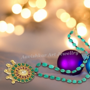 Kundan jadau work pendant set with beautiful emarald mala